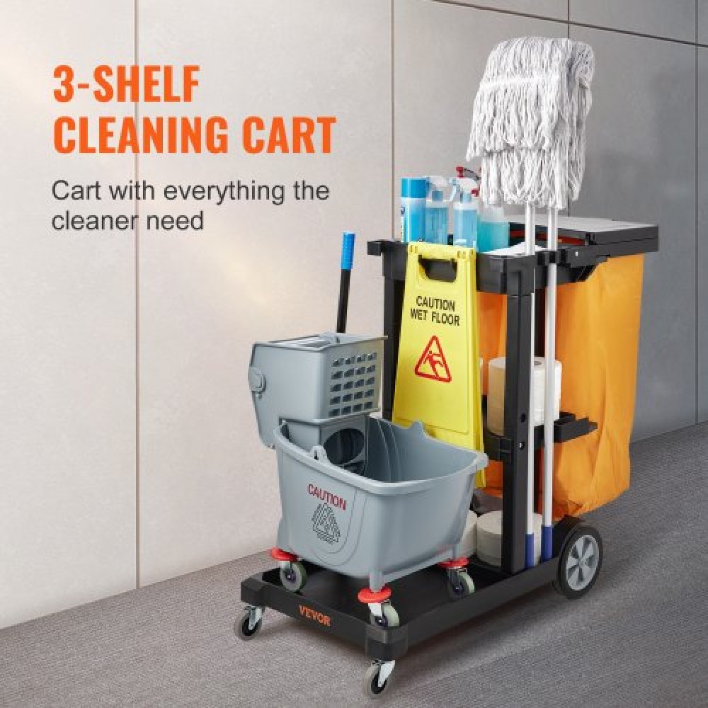 VEVOR Cleaning Cart, 3-shelf Commercial Janitorial Cart, χωρητικότητας 200 lbs Πλαστικό καρότσι καθαρισμού, με τσάντα και κάλυμμα PVC 25 γαλονιών, 120 x 51 x 98 cm, κίτρινο+μαύρο