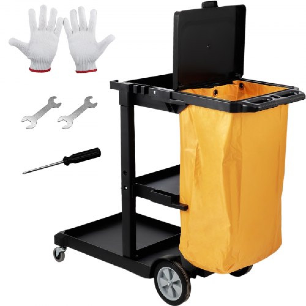 VEVOR Cleaning Cart, 3-shelf Commercial Janitorial Cart, χωρητικότητας 200 lbs Πλαστικό καρότσι καθαρισμού, με τσάντα και κάλυμμα PVC 25 γαλονιών, 120 x 51 x 98 cm, κίτρινο+μαύρο