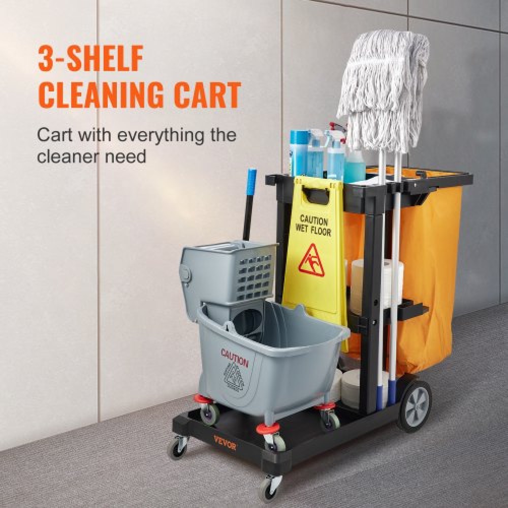 VEVOR Cleaning Cart, 3-shelf Commercial Janitorial Cart, 200 lbs Capacity Plastic Housekeeping Cart, with 25 Galllon PVC Bag, 120 x 51 x 98 cm, Yellow+Black
