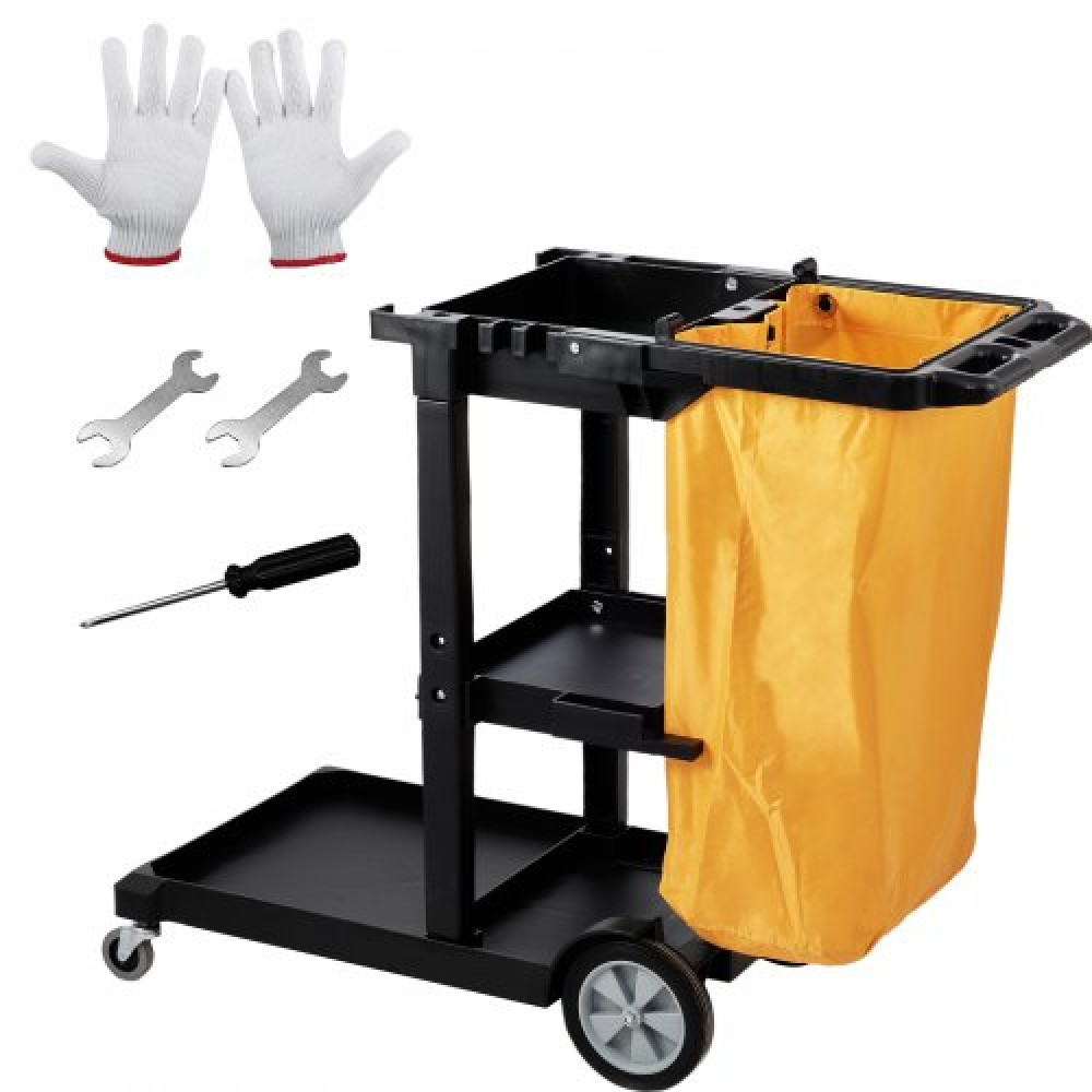 VEVOR Cleaning Cart, 3-shelf Commercial Janitorial Cart, 200 lbs Capacity Plastic Housekeeping Cart, with 25 Galllon PVC Bag, 120 x 51 x 98 cm, Yellow+Black
