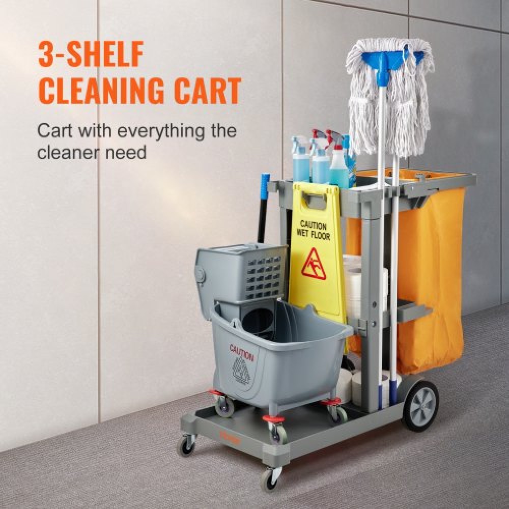 VEVOR Cleaning Cart, 3-shelf Commercial Janitorial Cart, 200 lbs Capacity Plastic Housekeeping Cart, with 25 Galllon PVC Bag, 120 x 51 x 98 cm, Yellow+Grey