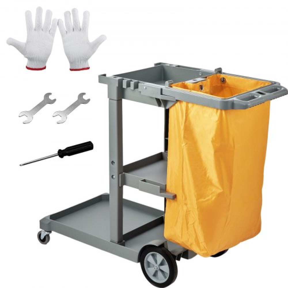 VEVOR Cleaning Cart, 3-shelf Commercial Janitorial Cart, 200 lbs Capacity Plastic Housekeeping Cart, with 25 Galllon PVC Bag, 120 x 51 x 98 cm, Yellow+Grey
