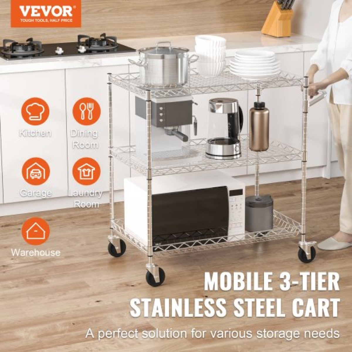 VEVOR Kitchen Utility Cart, 3 επιπέδων βαρέως τύπου ρυθμιζόμενο συρμάτινο ράφι αποθήκευσης, επαγγελματικό ατσάλινο καρότσι σέρβις σε ρόδες, τραπέζι εργασίας με λαβή, για γκαράζ και πλυσταριό, 76x46x91 cm