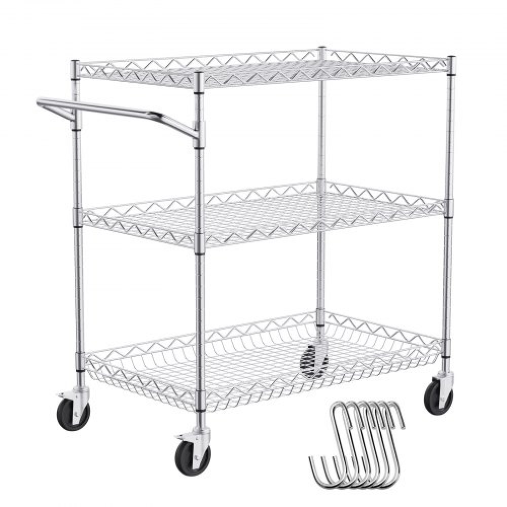 VEVOR Kitchen Utility Cart, 3 Tiers, Wire Rolling Cart with 661LBS Capacity, Steel Service Cart on Wheels, Metal Storage Trolley with 80mm Deep Basket Curved Handle 6 Hooks, for Indoor and Outdoor Use