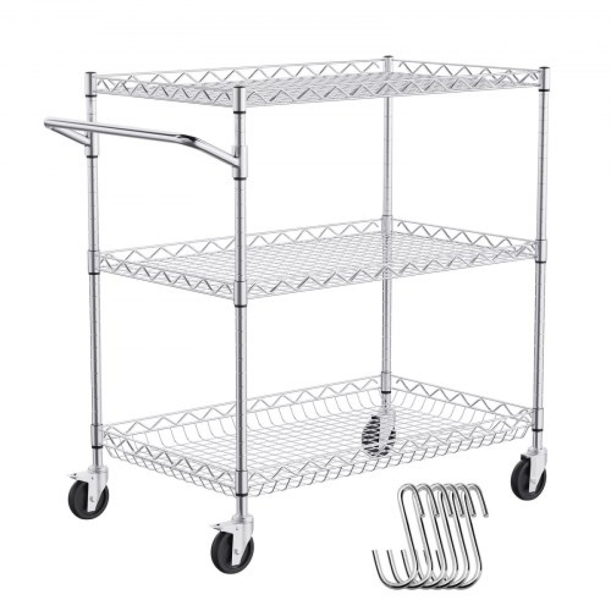 VEVOR Kitchen Utility Cart, 3 επιπέδων βαρέως τύπου ρυθμιζόμενο συρμάτινο ράφι αποθήκευσης, επαγγελματικό ατσάλινο καρότσι σέρβις σε ρόδες, τραπέζι εργασίας με λαβή, για γκαράζ και πλυσταριό, 76x46x91 cm