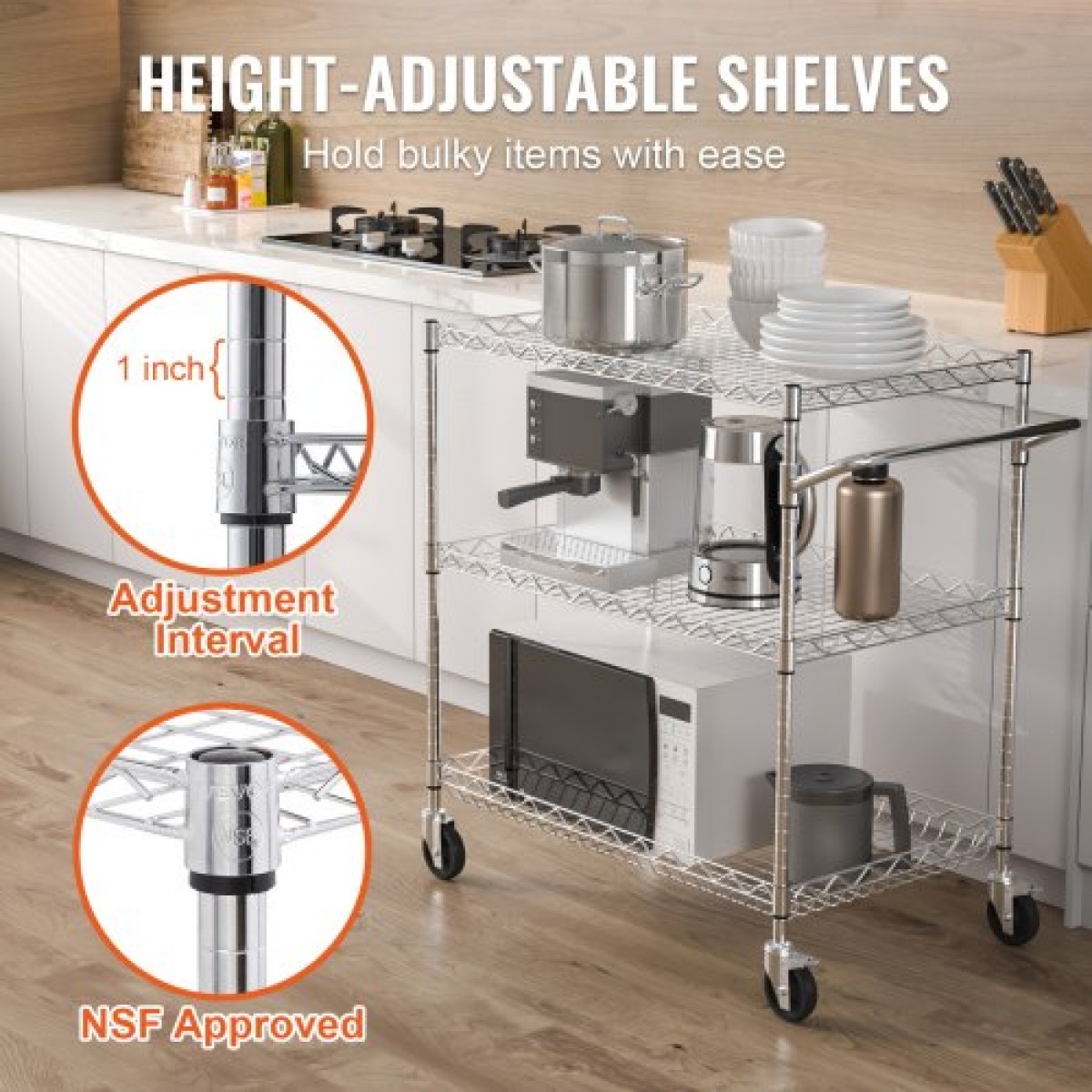 VEVOR Kitchen Utility Cart, 3 επιπέδων βαρέως τύπου ρυθμιζόμενο συρμάτινο ράφι αποθήκευσης, επαγγελματικό ατσάλινο καρότσι σέρβις σε ρόδες, τραπέζι εργασίας με λαβή, για γκαράζ και πλυσταριό, 76x46x91 cm