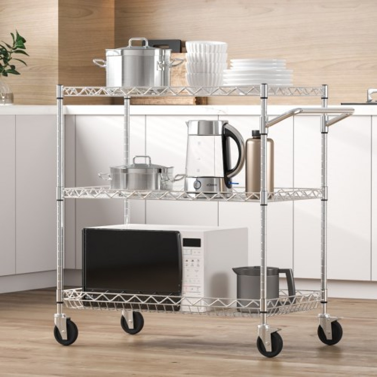 VEVOR Kitchen Utility Cart, 3 επιπέδων βαρέως τύπου ρυθμιζόμενο συρμάτινο ράφι αποθήκευσης, επαγγελματικό ατσάλινο καρότσι σέρβις σε ρόδες, τραπέζι εργασίας με λαβή, για γκαράζ και πλυσταριό, 76x46x91 cm