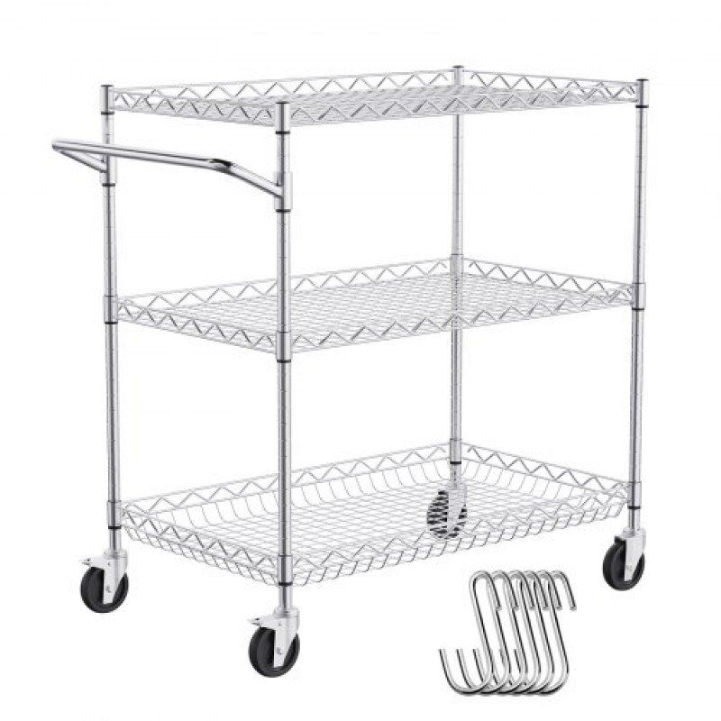 VEVOR Kitchen Utility Cart, 3 Tiers, Wire Rolling Cart with 661LBS Capacity, Steel Service Cart on Wheels, Metal Storage Trolley with 80mm Deep Basket Curved Handle 6 Hooks, for Indoor and Outdoor Use