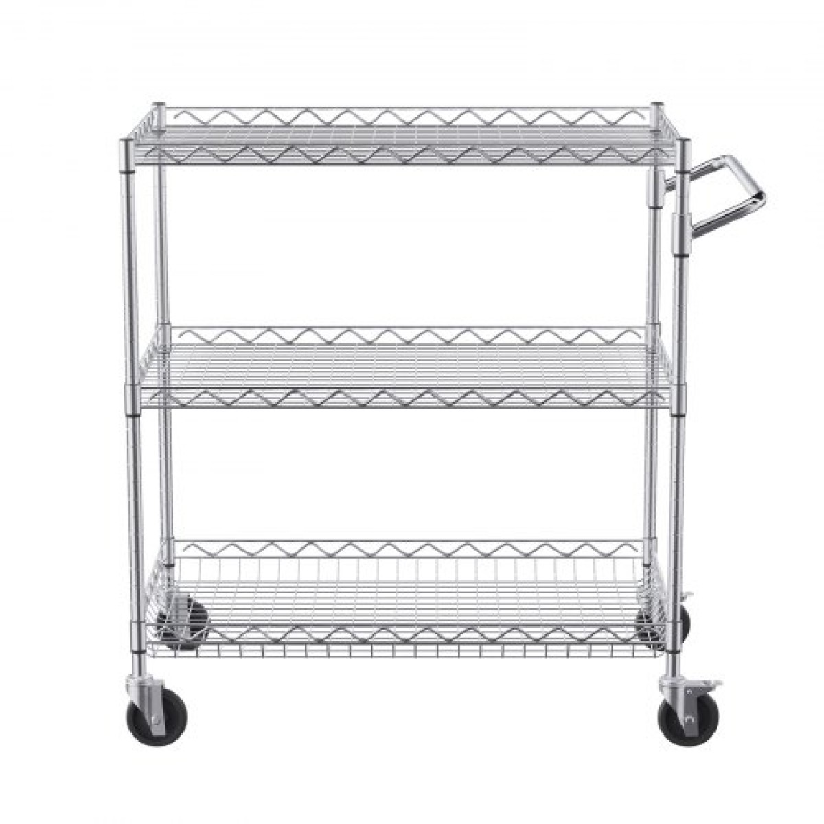 VEVOR Kitchen Utility Cart, 3 επιπέδων βαρέως τύπου ρυθμιζόμενο συρμάτινο ράφι αποθήκευσης, επαγγελματικό ατσάλινο καρότσι σέρβις σε ρόδες, τραπέζι εργασίας με λαβή, για γκαράζ και πλυσταριό, 76x46x91 cm