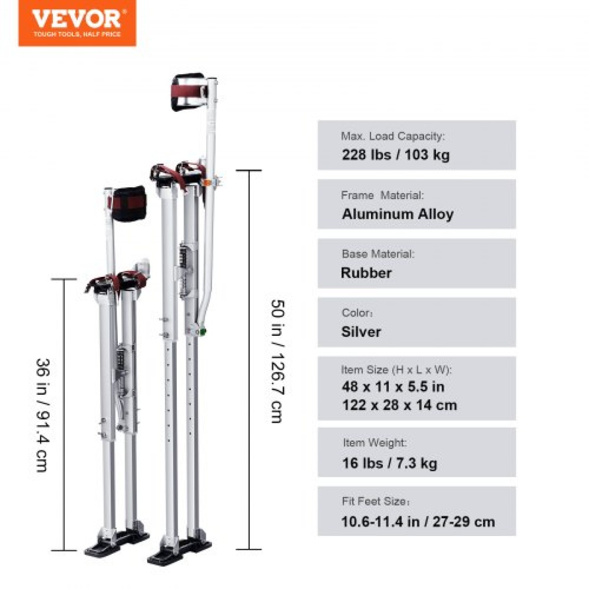 Ξυλοπόδαρα VEVOR Γυψοσανίδας, 91,4 cm-127 cm Ρυθμιζόμενα ξυλάκια εργαλείων από αλουμίνιο με προστατευτικά επιγονατάκια, ανθεκτικά και αντιολισθητικά ξυλάκια εργασίας για ζωγραφική σε φύλλο, περπάτημα, ταινία, ασήμι