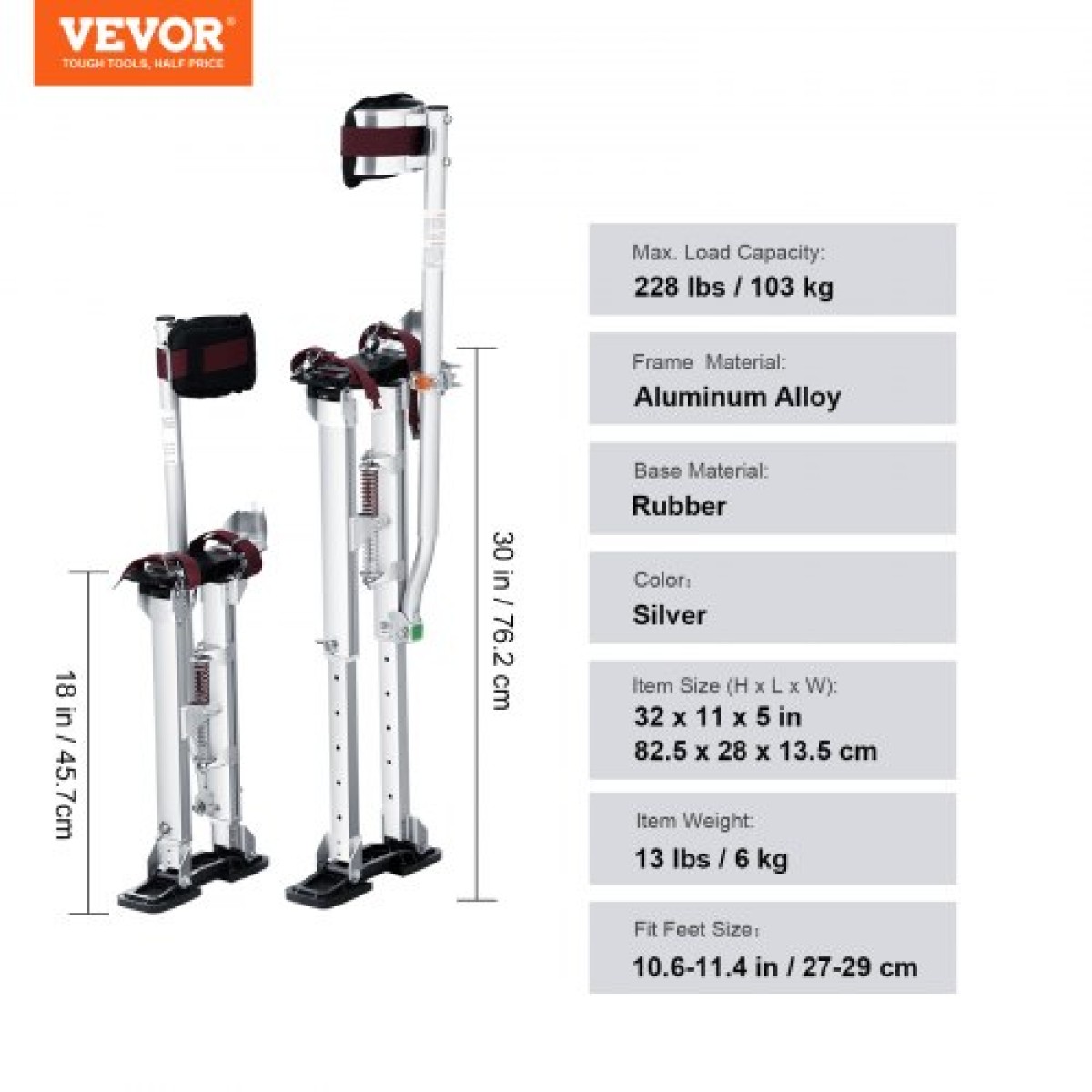 Ξυλοπόδαρα VEVOR Γυψοσανίδας, 46 cm-76 cm Ρυθμιζόμενα ξυλοπόδαρα εργαλείων από αλουμίνιο με προστατευτικά επιγονατάκια, ανθεκτικά και αντιολισθητικά ξυλάκια εργασίας για βάψιμο φύλλου, περπάτημα, ταινία, ασήμι
