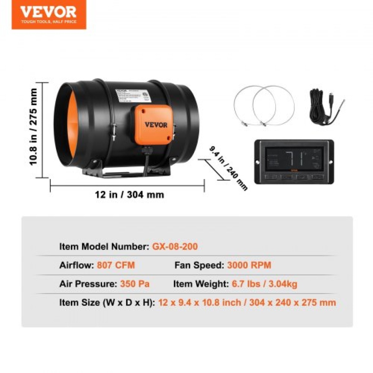 Ενσωματωμένος ανεμιστήρας VEVOR, 203,2 mm 506,2 CFM με ελεγκτή υγρασίας θερμοκρασίας, αθόρυβος ανεμιστήρας εξαερισμού EC κινητήρα για ενισχυτή ψύξης, σκηνές ανάπτυξης, υδροπονία