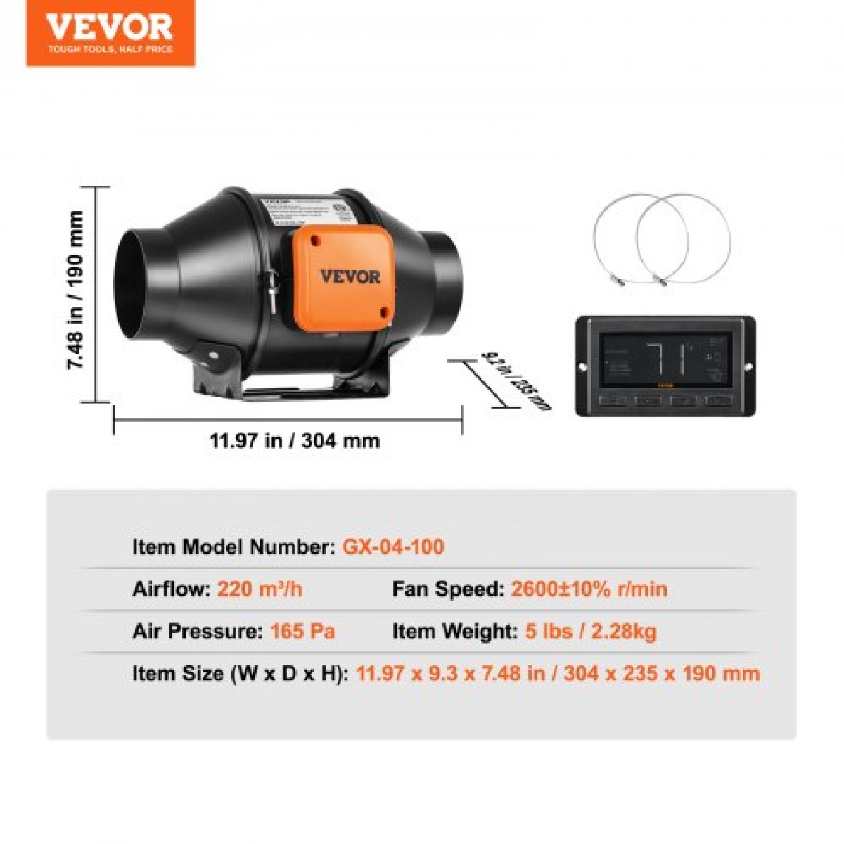 VEVOR Inline Duct Fan, 102mm 129,7 CFM Quiet EC-motor Ventilation Exhaust Fan, with Temperature Humidity Controller for Cooling Booster, Grow Tents, Hydroponics