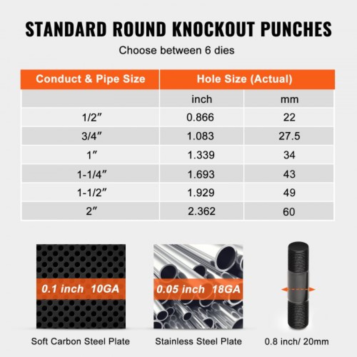 VEVOR 10 Ton Hydraulic Knockout Punch Kit, 1/2" έως 2" Conduit Hole Cutter Set, KO Tool Kit with Puncher 6 Piece, Metal Sheet Driver tools, for aluminium, Brass, Inox, Fiberglass and Plastic