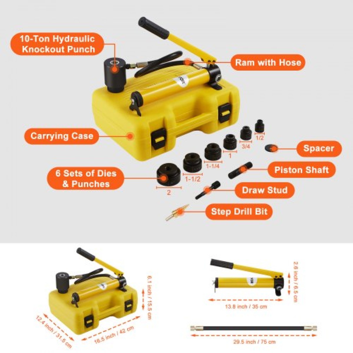 VEVOR 10 Ton Hydraulic Knockout Punch Kit, 1/2" έως 2" Conduit Hole Cutter Set, KO Tool Kit with Puncher 6 Piece, Metal Sheet Driver tools, for aluminium, Brass, Inox, Fiberglass and Plastic