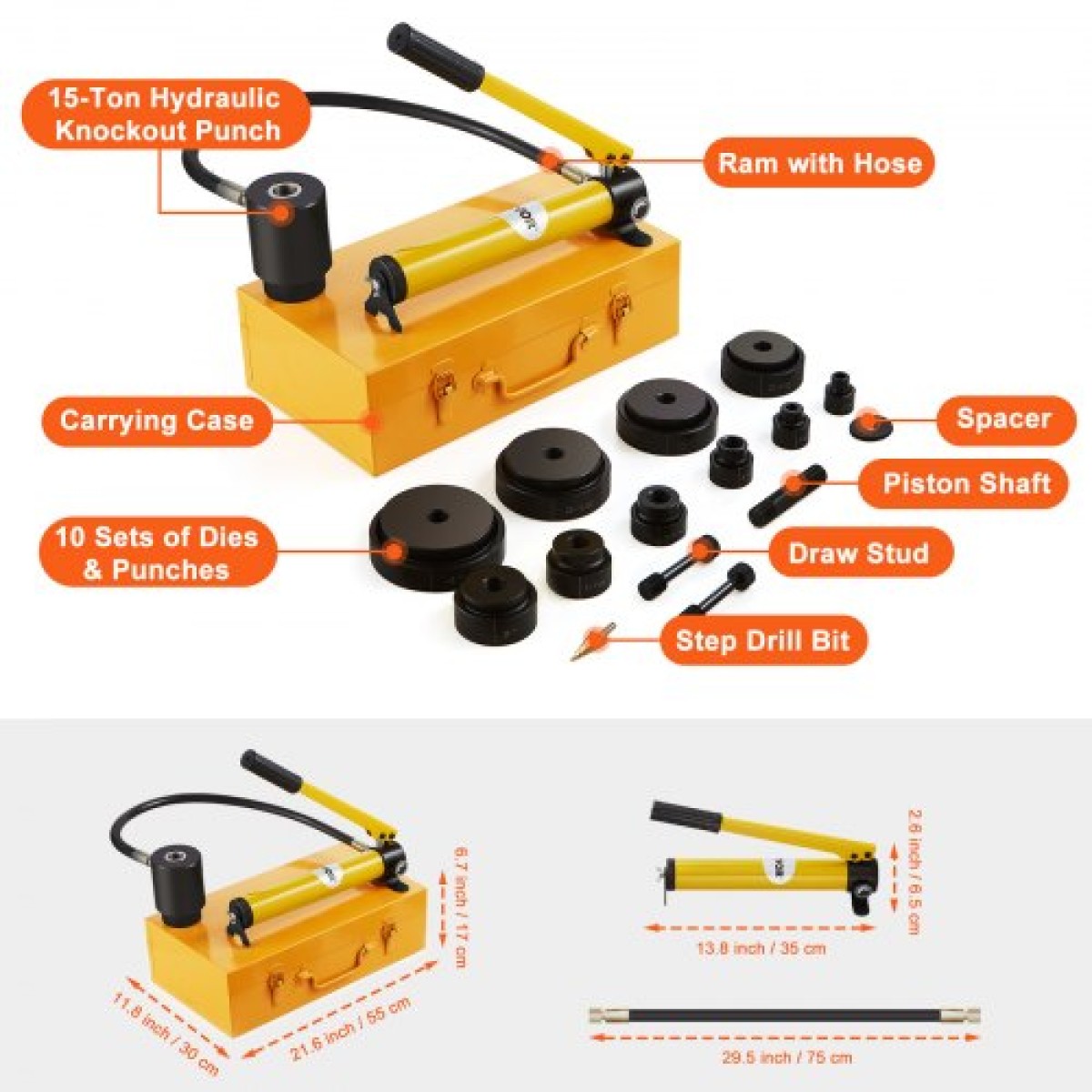VEVOR 15 Ton Hydraulic Knockout Punch Driver Kit Hole Tool 12,7mm-101,6mm with 10 Die