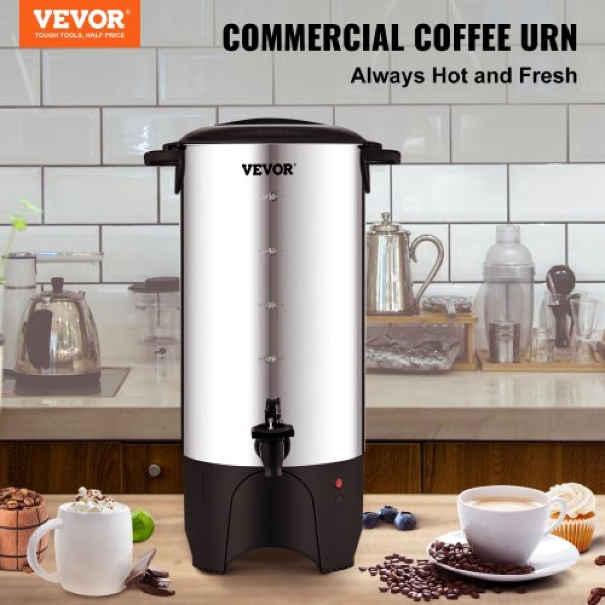 VEVOR Commercial Coffee Urn, 50 φλιτζάνια από ανοξείδωτο ατσάλι, μεγάλος διανομέας καφέ, 1000W 220V ηλεκτρική καφετιέρα για γρήγορη παρασκευή, δοχείο ζεστού νερού με αποσπώμενο καλώδιο ρεύματος για εύκολο καθάρισμα, ασημί