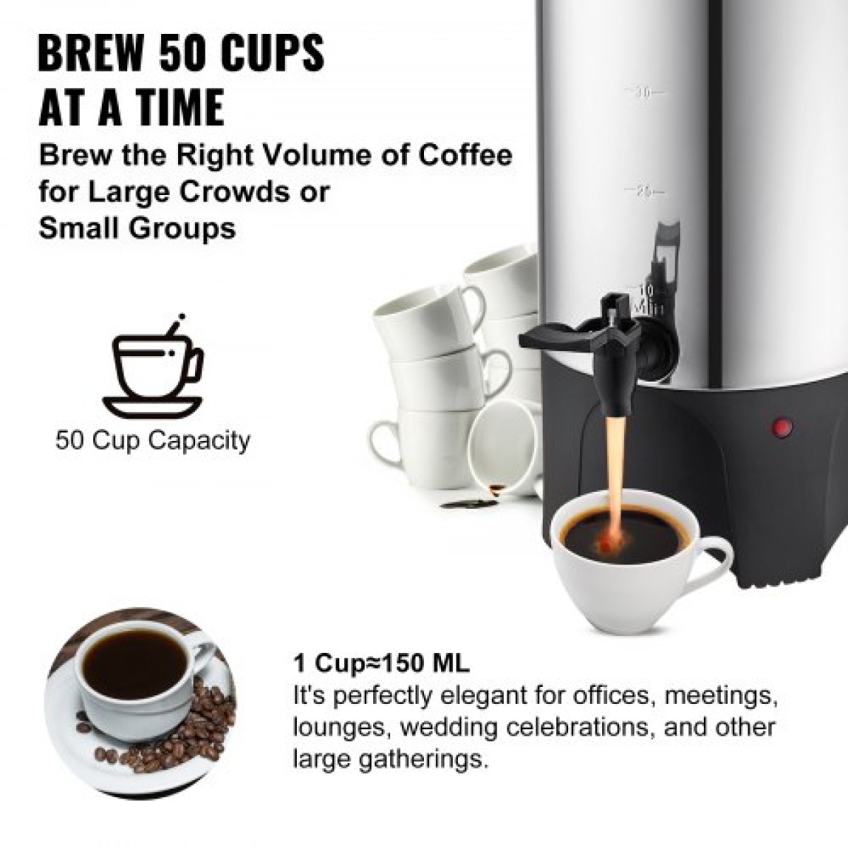 VEVOR Commercial Coffee Urn, 50 φλιτζάνια από ανοξείδωτο ατσάλι, μεγάλος διανομέας καφέ, 1000W 220V ηλεκτρική καφετιέρα για γρήγορη παρασκευή, δοχείο ζεστού νερού με αποσπώμενο καλώδιο ρεύματος για εύκολο καθάρισμα, ασημί