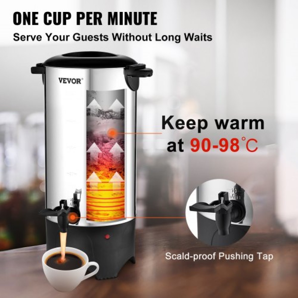 VEVOR Commercial Coffee Urn, 50 φλιτζάνια από ανοξείδωτο ατσάλι, μεγάλος διανομέας καφέ, 1000W 220V ηλεκτρική καφετιέρα για γρήγορη παρασκευή, δοχείο ζεστού νερού με αποσπώμενο καλώδιο ρεύματος για εύκολο καθάρισμα, ασημί