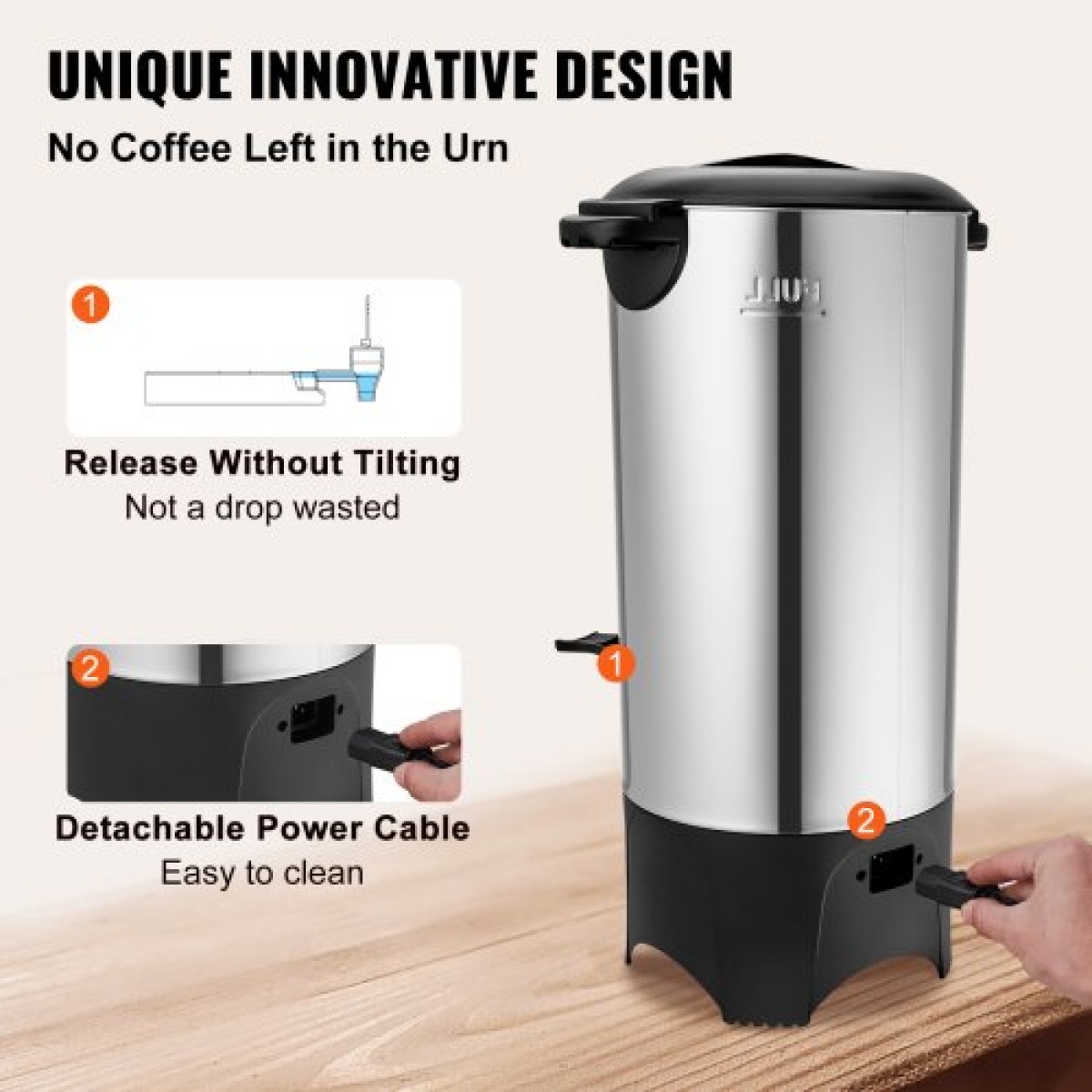 VEVOR Commercial Coffee Urn, 50 φλιτζάνια από ανοξείδωτο ατσάλι, μεγάλος διανομέας καφέ, 1000W 220V ηλεκτρική καφετιέρα για γρήγορη παρασκευή, δοχείο ζεστού νερού με αποσπώμενο καλώδιο ρεύματος για εύκολο καθάρισμα, ασημί