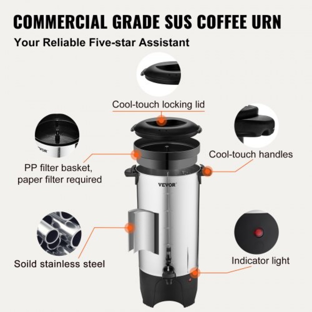 VEVOR Commercial Coffee Urn, 50 φλιτζάνια από ανοξείδωτο ατσάλι, μεγάλος διανομέας καφέ, 1000W 220V ηλεκτρική καφετιέρα για γρήγορη παρασκευή, δοχείο ζεστού νερού με αποσπώμενο καλώδιο ρεύματος για εύκολο καθάρισμα, ασημί