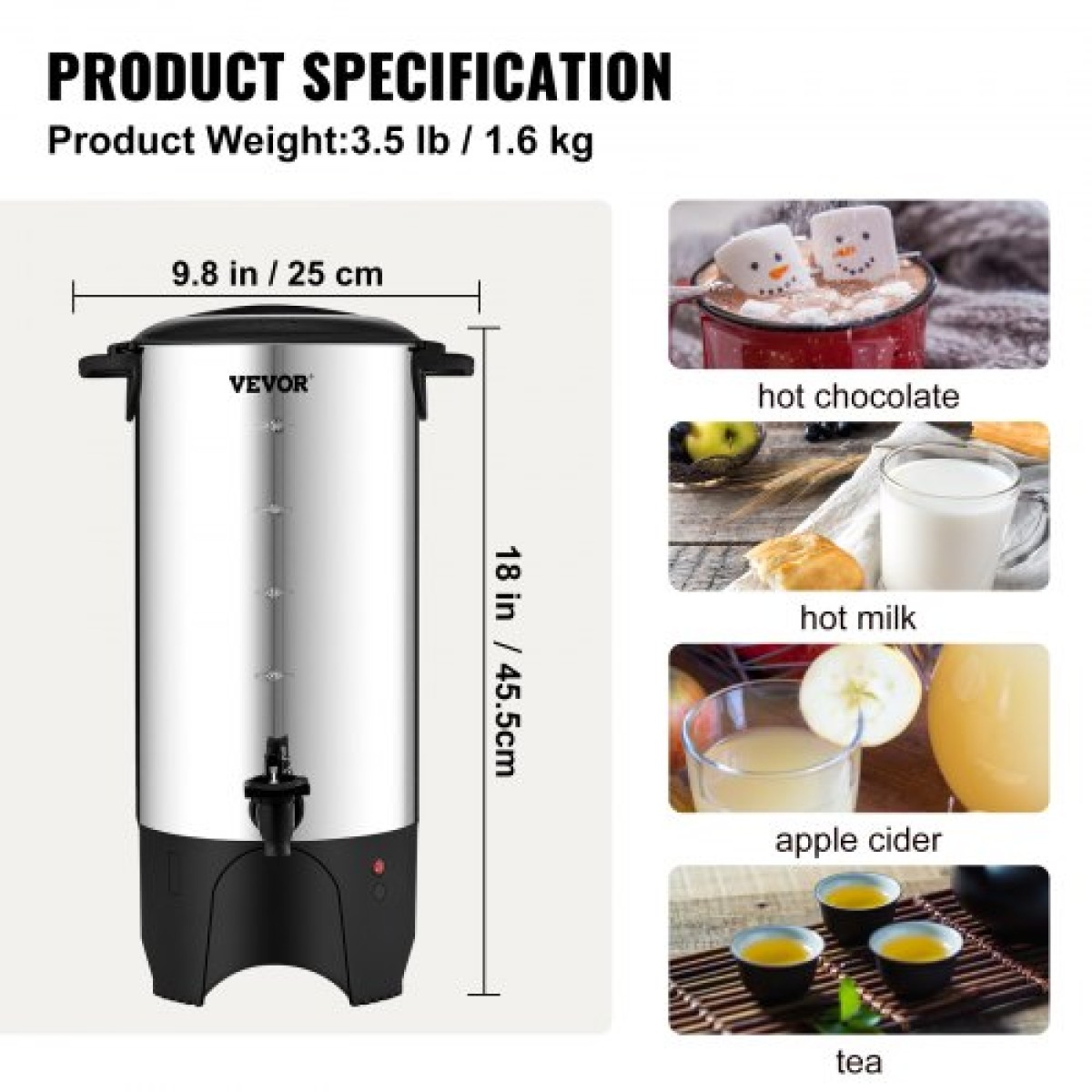 VEVOR Commercial Coffee Urn, 50 φλιτζάνια από ανοξείδωτο ατσάλι, μεγάλος διανομέας καφέ, 1000W 220V ηλεκτρική καφετιέρα για γρήγορη παρασκευή, δοχείο ζεστού νερού με αποσπώμενο καλώδιο ρεύματος για εύκολο καθάρισμα, ασημί