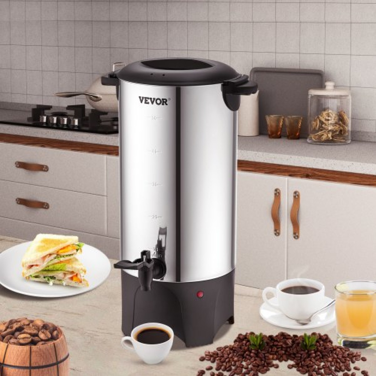 VEVOR Commercial Coffee Urn, 50 φλιτζάνια από ανοξείδωτο ατσάλι, μεγάλος διανομέας καφέ, 1000W 220V ηλεκτρική καφετιέρα για γρήγορη παρασκευή, δοχείο ζεστού νερού με αποσπώμενο καλώδιο ρεύματος για εύκολο καθάρισμα, ασημί