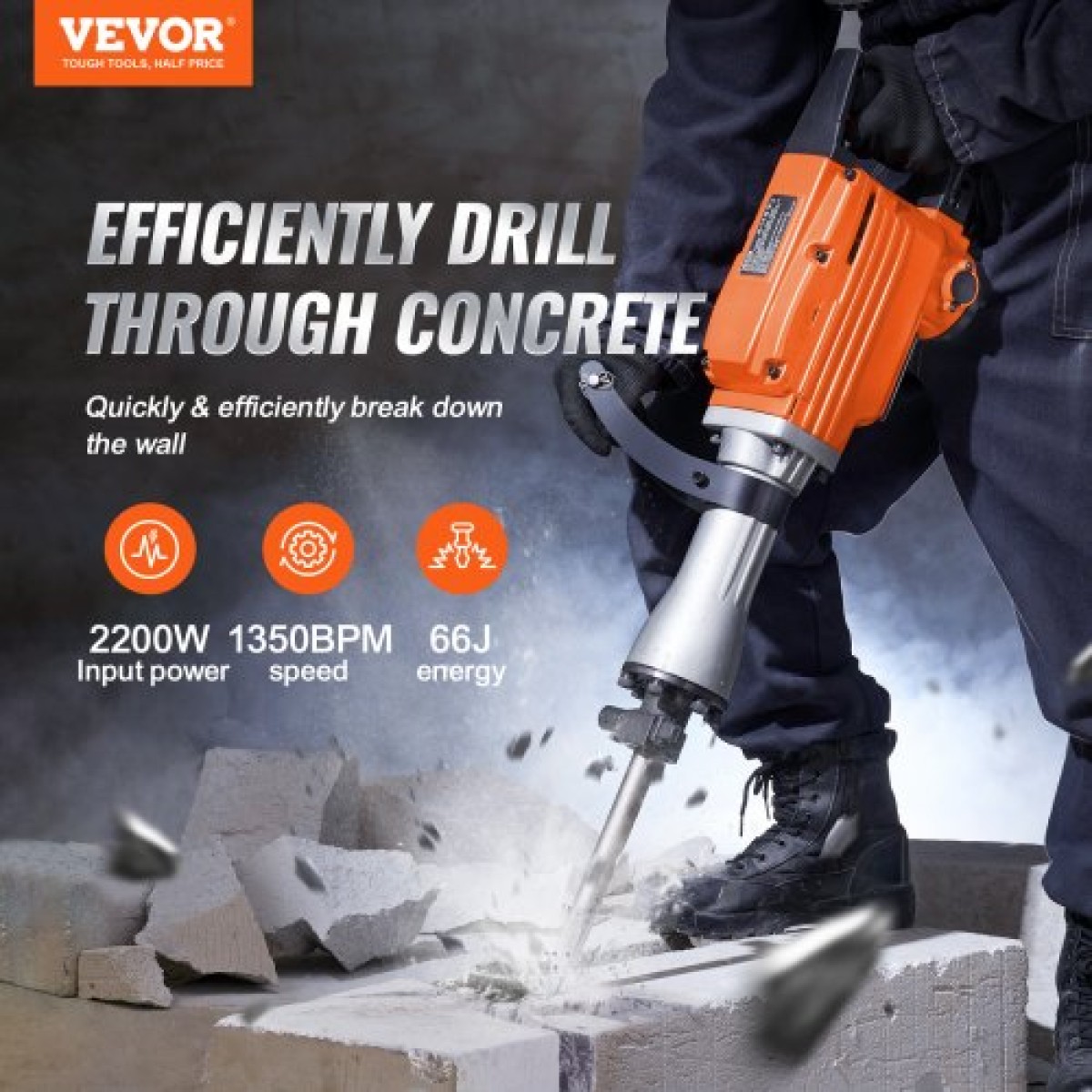 VEVOR Κατεδαφισμός Jack Hammer 2200W Ηλεκτρικό σφυρί 4 μύτες σμίλης
