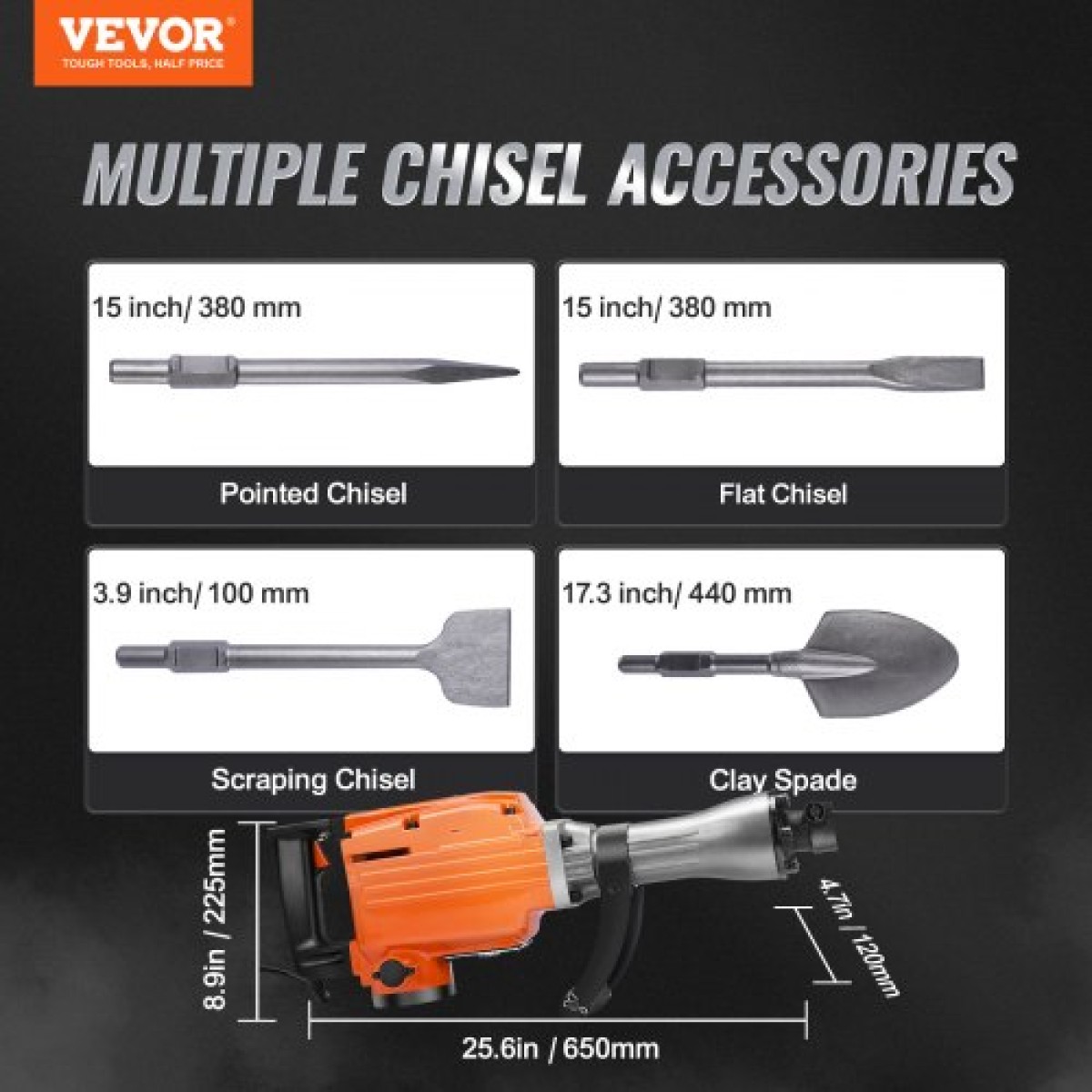 VEVOR Κατεδαφισμός Jack Hammer 2200W Ηλεκτρικό σφυρί 4 μύτες σμίλης