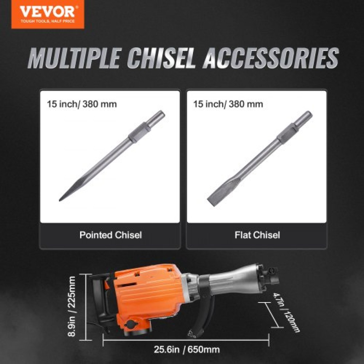 VEVOR Demolition Jack Hammer Θραύση σκυροδέματος 2200W Ηλεκτρικό σφυρί 2 μύτες σμίλης