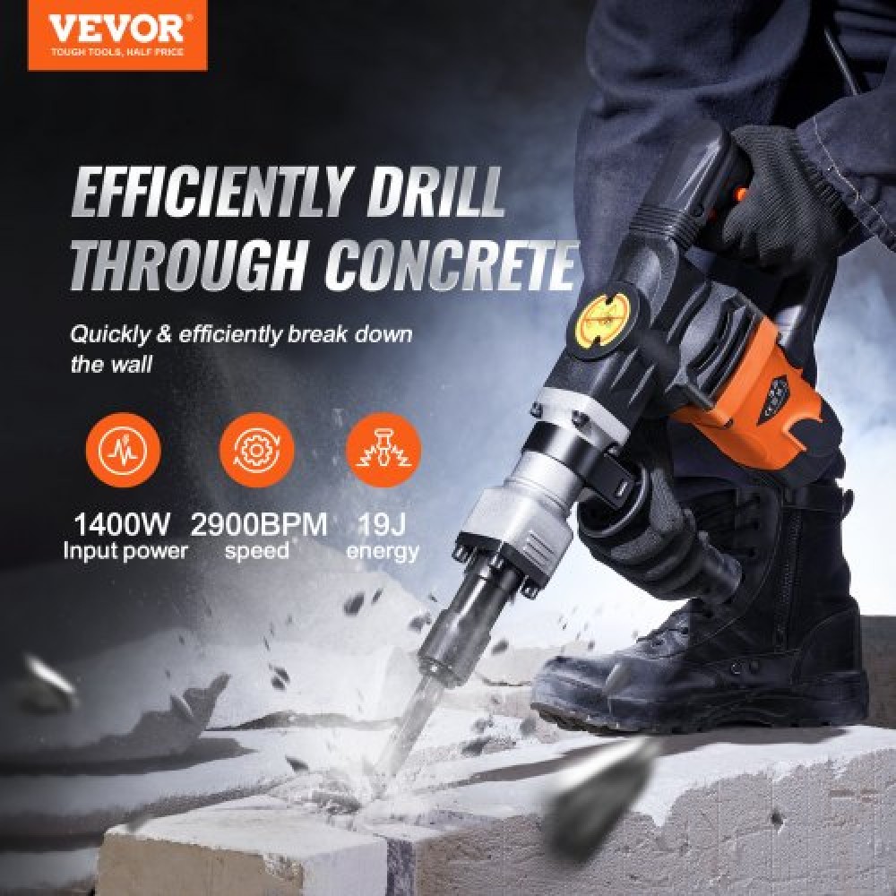 VEVOR Κατεδάφιση Jack Hammer Θραύση σκυροδέματος 1400W Electric Hammer 2 Bit Chisel