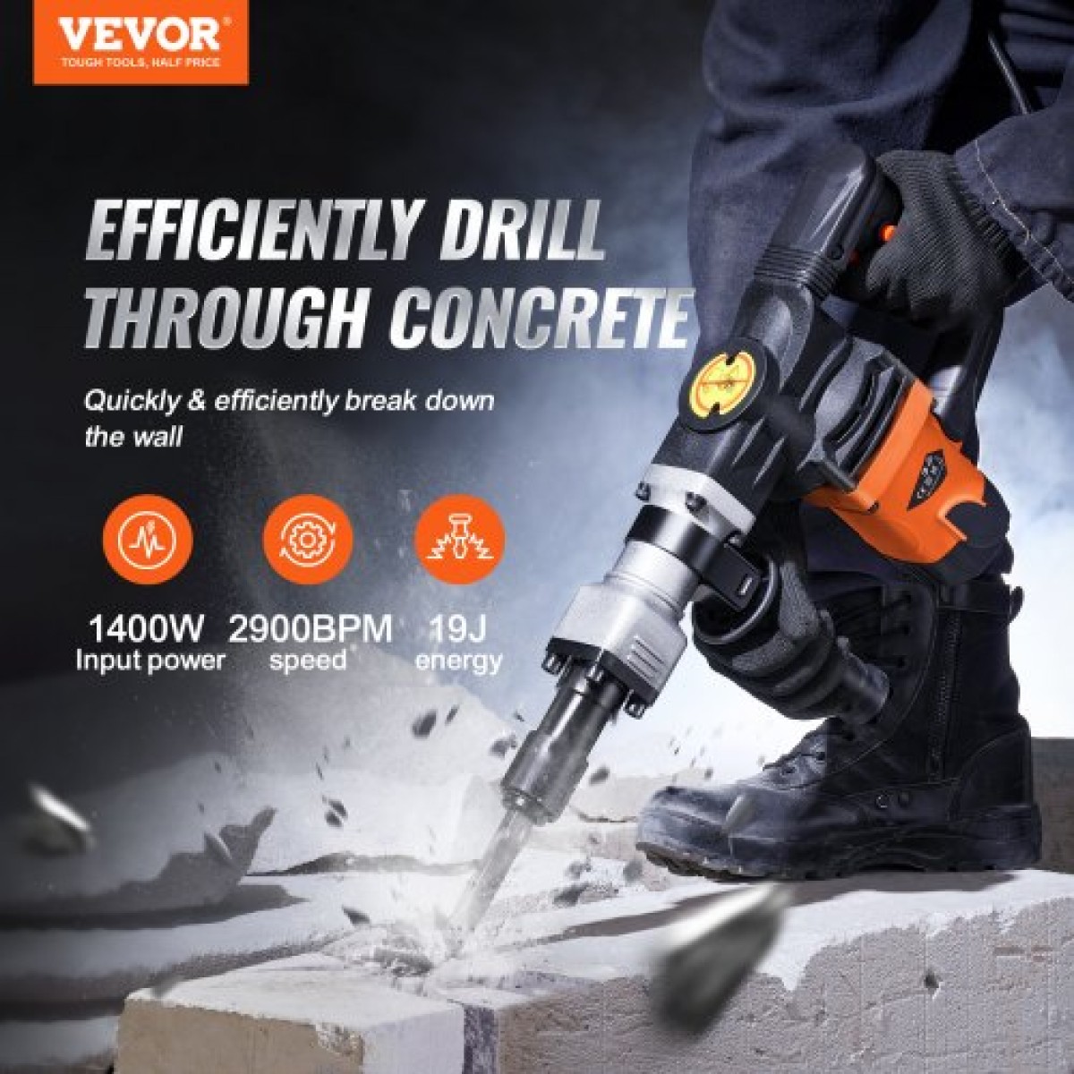 VEVOR Κατεδάφιση Jack Hammer Θραύση σκυροδέματος 1400W Electric Hammer 2 Bit Chisel