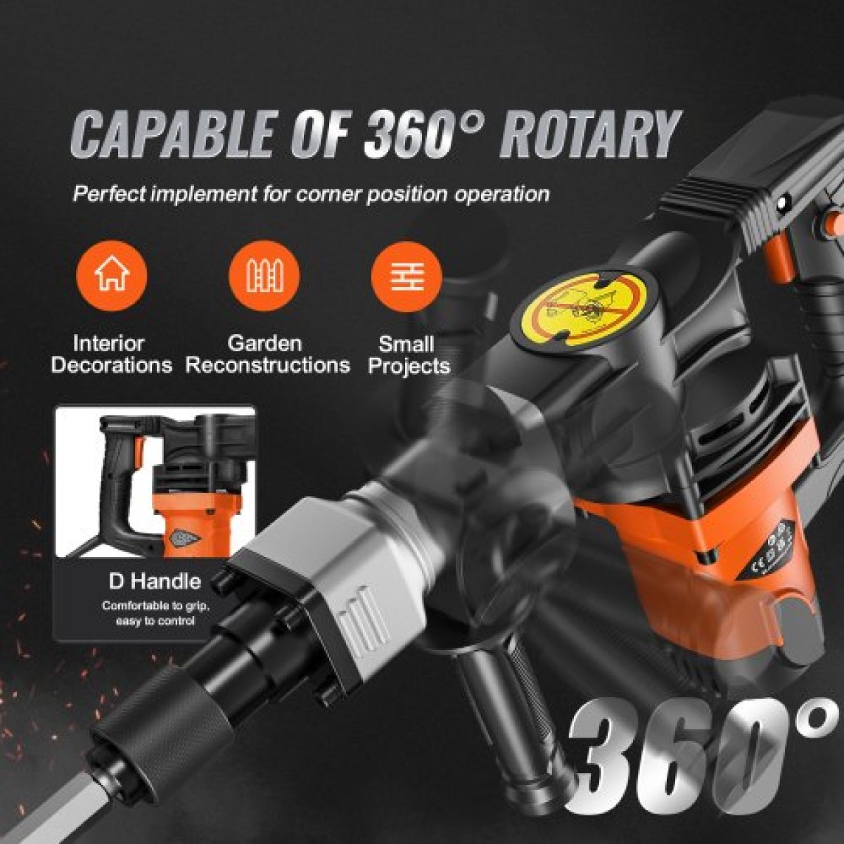 VEVOR Κατεδάφιση Jack Hammer Θραύση σκυροδέματος 1400W Electric Hammer 2 Bit Chisel