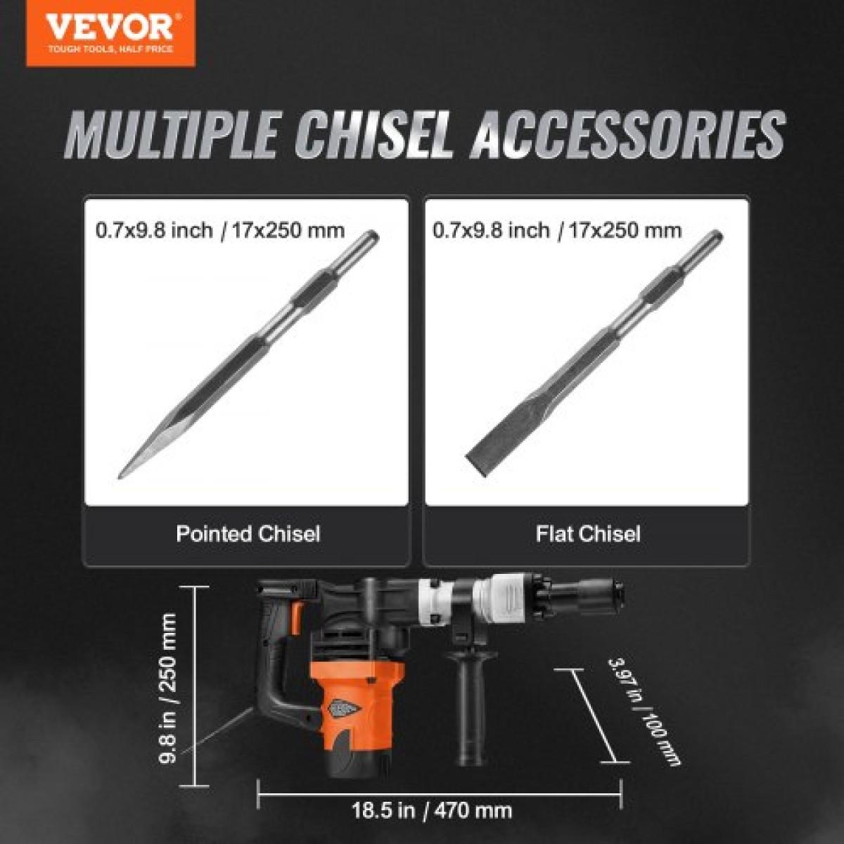VEVOR Κατεδάφιση Jack Hammer Θραύση σκυροδέματος 1400W Electric Hammer 2 Bit Chisel
