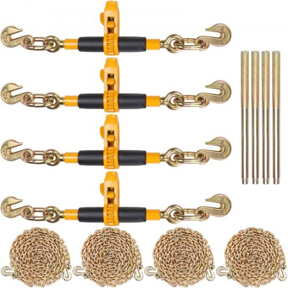 VEVOR Ratchet Chain Binder, 3/8"-1/2" Heavy Duty Load Binders, with G80 Chains 12000 lbs Secure Load Limit, Labor-saving Anti-skid Handle, Tie Down Hauling Chain Binders for Flatbed Truck Trailer, 4 P