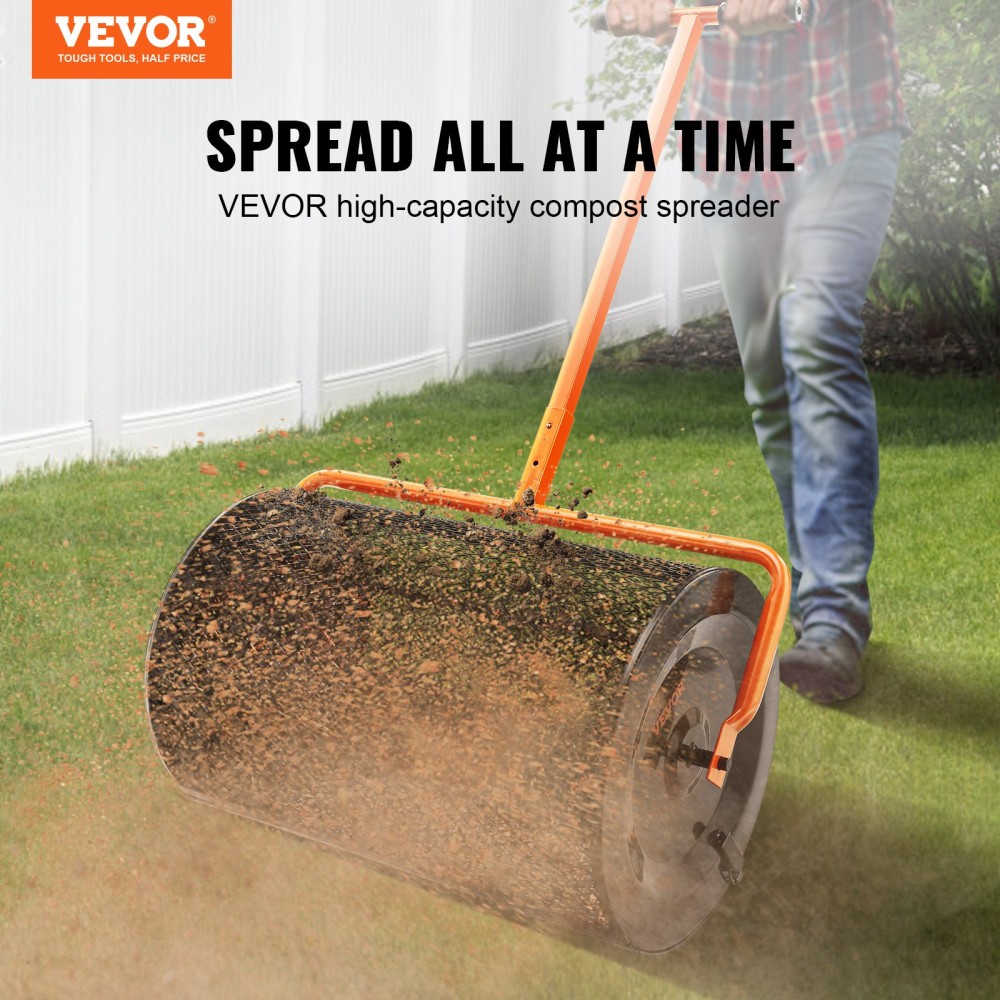 VEVOR Compost Spreader, 24,4-25,6" ρυθμιζόμενη λαβή, πλάτος 24", κύλινδρος τύρφης βρύου γκαζόν και κήπου με πλαϊνά μάνδαλα, καλάθι με επικάλυψη πούδρας για διασπορά κοπριάς, φυτόχωμα, μαύρο