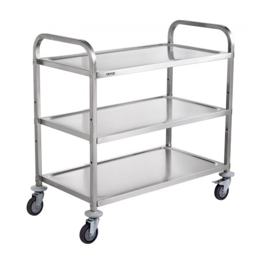 VEVOR Kitchen Utility Cart, 3 Tiers, Wire Rolling Cart with 450LBS Capacity, Steel Service Cart on Wheels, Metal Storage Trolley with 80mm Basket Curved Handle PP Liner 6 Hooks, for Indoor and Outdoor