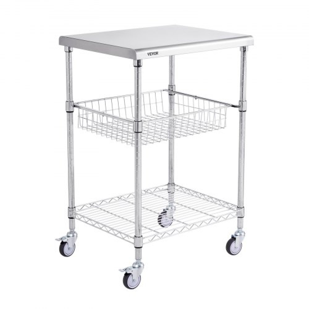 VEVOR Kitchen Utility Cart, 3 Tiers, Wire Rolling Cart with 470LBS Capacity, Steel Service Cart on Wheels, Metal Storage Trolley with 76mm Basket Curved Handle PP Liner 6 Hooks, for Indoor and Outdoor