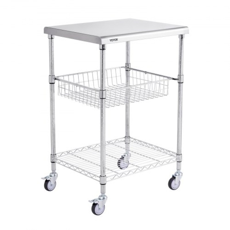 VEVOR Kitchen Utility Cart, 3 Tiers, Wire Rolling Cart with 470LBS Capacity, Steel Service Cart on Wheels, Metal Storage Trolley with 76mm Basket Curved Handle PP Liner 6 Hooks, for Indoor and Outdoor