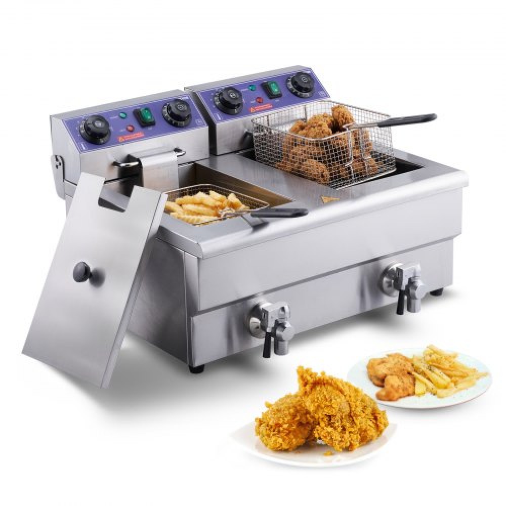 VEVOR Commercial Deep Fryer, Dual Tank 3000W Electric Countertop Ffryer with Basket, 2 x 11,6Qt/11L Ffryer Oil Double Fryer with Oil Filtration, Time & Temp Control, για χρήση σε εστιατόριο στην κουζίνα