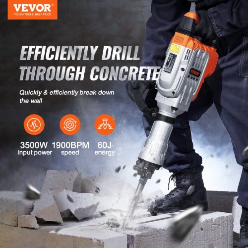 VEVOR Demolition Jack Hammer, 3500W Jack Hammer Concrete Breaker, 1900 BPM Heavy Duty Electric Jack Hammer, 2 τμχ σμίλη με γάντια & περιστρεφόμενη μπροστινή λαβή 360°C για διάνοιξη τάφρων και σπάσιμο οπών
