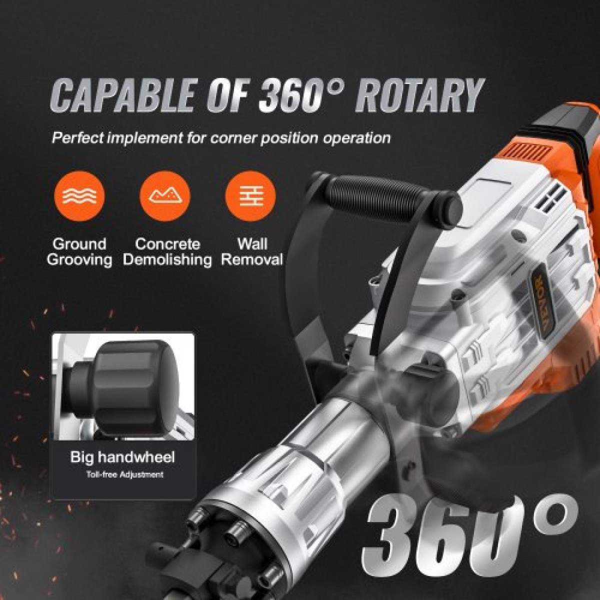 VEVOR Demolition Jack Hammer, 3500W Jack Hammer Concrete Breaker, 1900 BPM Heavy Duty Electric Jack Hammer, 2 τμχ σμίλη με γάντια & περιστρεφόμενη μπροστινή λαβή 360°C για διάνοιξη τάφρων και σπάσιμο οπών
