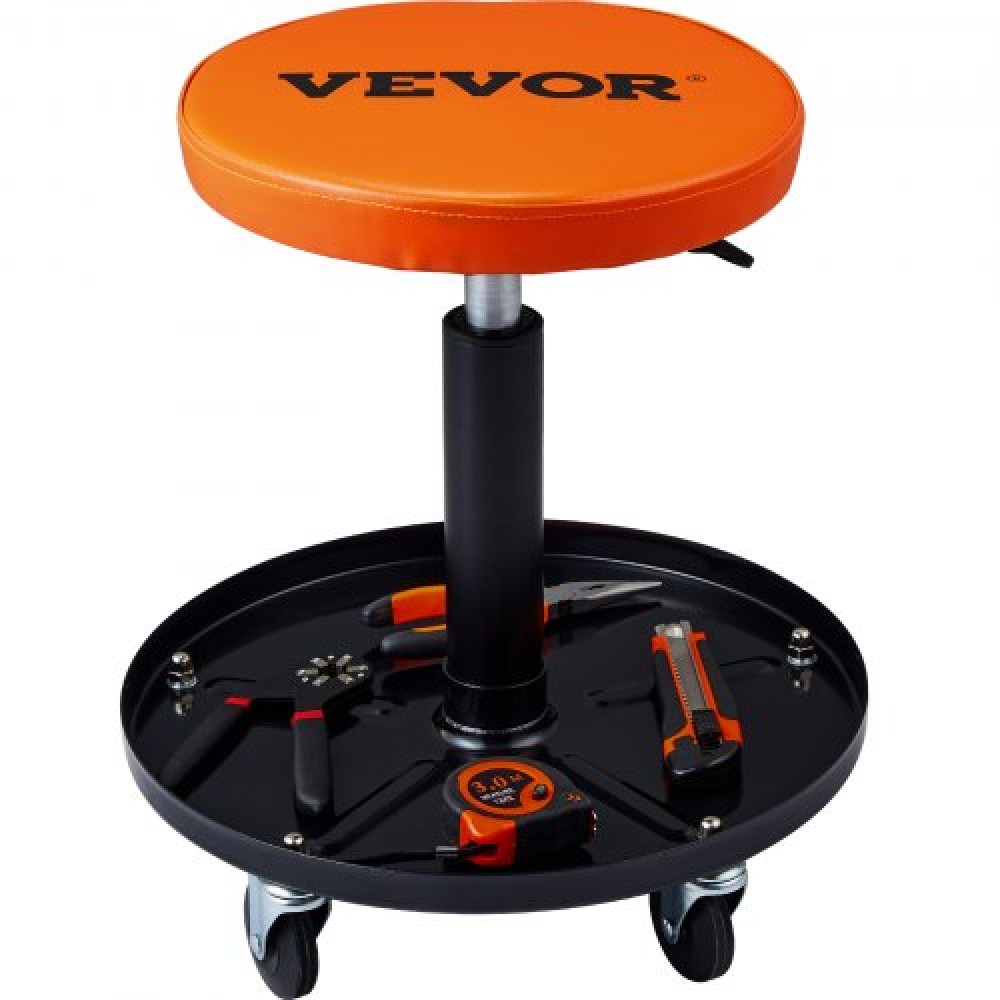 VEVOR Mechanic Stool, 113 kg Rolling Pneumatic Creeper Garage/Κάθισμα καταστήματος, Ρυθμιζόμενο ύψος 56 cm-71 cm Επενδυμένο σκαμπό εργαστηρίου κυλίνδρου με δίσκο εργαλείων, για γκαράζ, κατάστημα, επισκευή αυτοκινήτων, μαύρο+πορτοκαλί