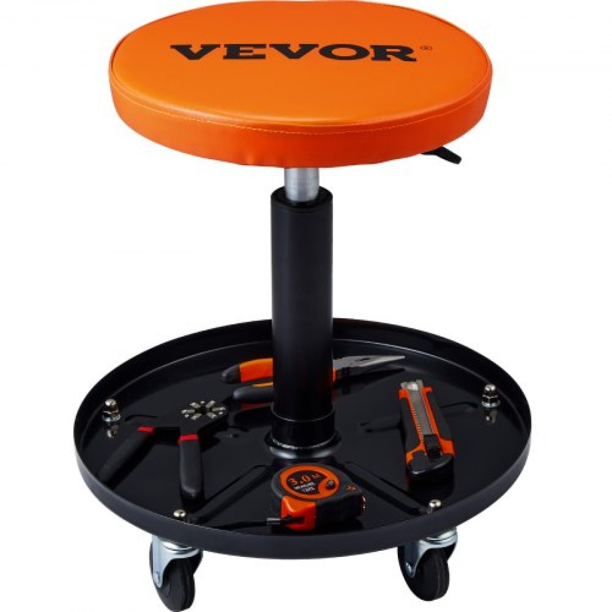 VEVOR Mechanic Stool, 113 kg Rolling Pneumatic Creeper Garage/Κάθισμα καταστήματος, Ρυθμιζόμενο ύψος 56 cm-71 cm Επενδυμένο σκαμπό εργαστηρίου κυλίνδρου με δίσκο εργαλείων, για γκαράζ, κατάστημα, επισκευή αυτοκινήτων, μαύρο+πορτοκαλί