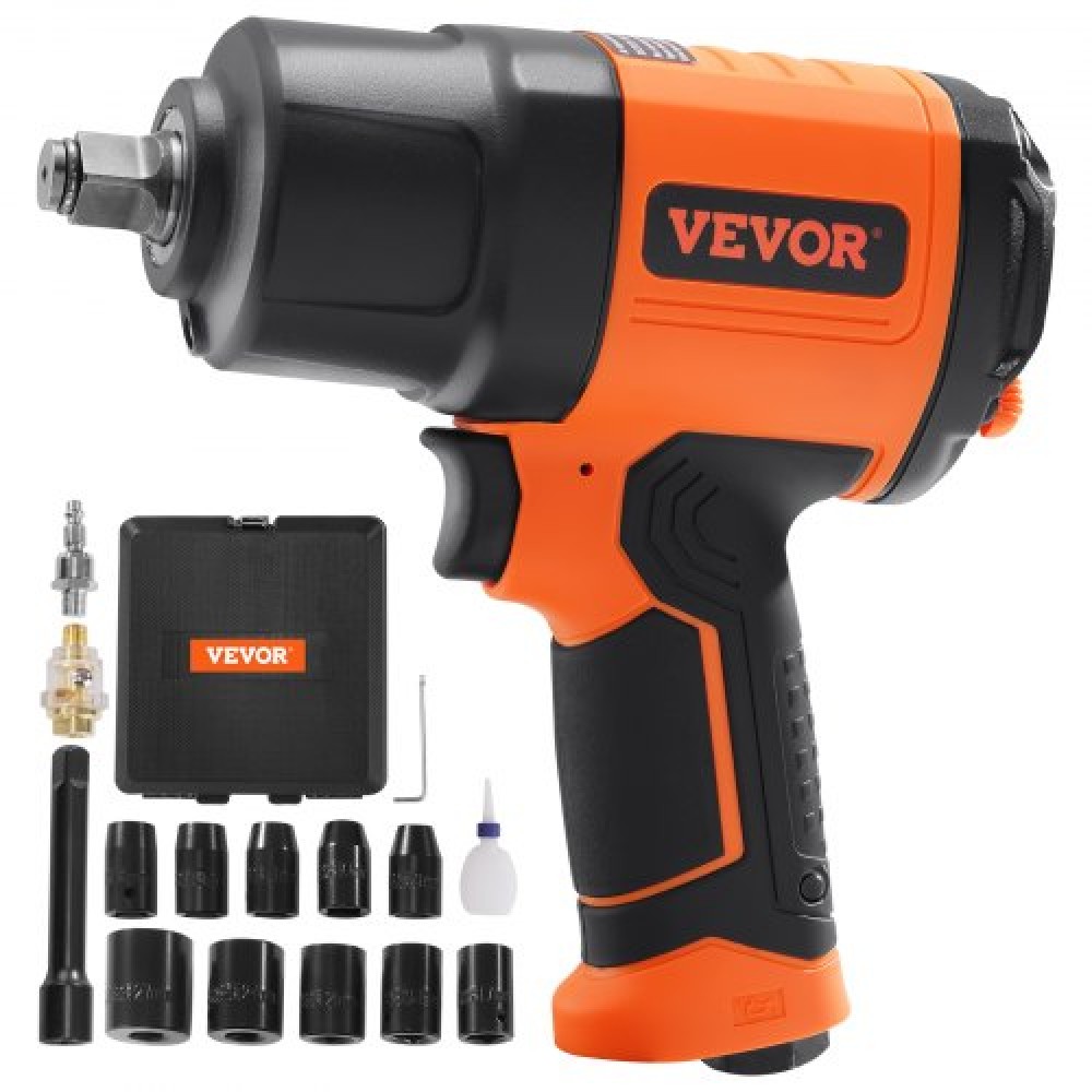 VEVOR 1/2-Inch Air Impact Wrench, High Torque Up to 1400 ft-lbs, Lightweight 4.6 lb Design Pneumatic Impact Gun with 11-PCS 1/2-Inch Drive CR-V Steel Impact Socket Set & Carrying Case