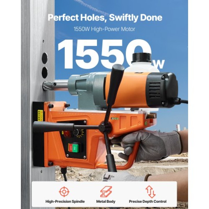 VEVOR Magnetic Drill, 1550W Motor 2 in Boring Diameter, 2922 lbf Portable Electric Mag Drill Press, 0-500 RPM Μεταβλητή ταχύτητα, Μηχανή διάτρησης για μεταλλική επιφάνεια, βιομηχανική και οικιακή βελτίωση