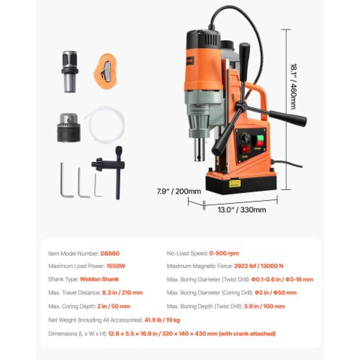VEVOR Magnetic Drill, 1550W Motor 2 in Boring Diameter, 2922 lbf Portable Electric Mag Drill Press, 0-500 RPM Μεταβλητή ταχύτητα, Μηχανή διάτρησης για μεταλλική επιφάνεια, βιομηχανική και οικιακή βελτίωση