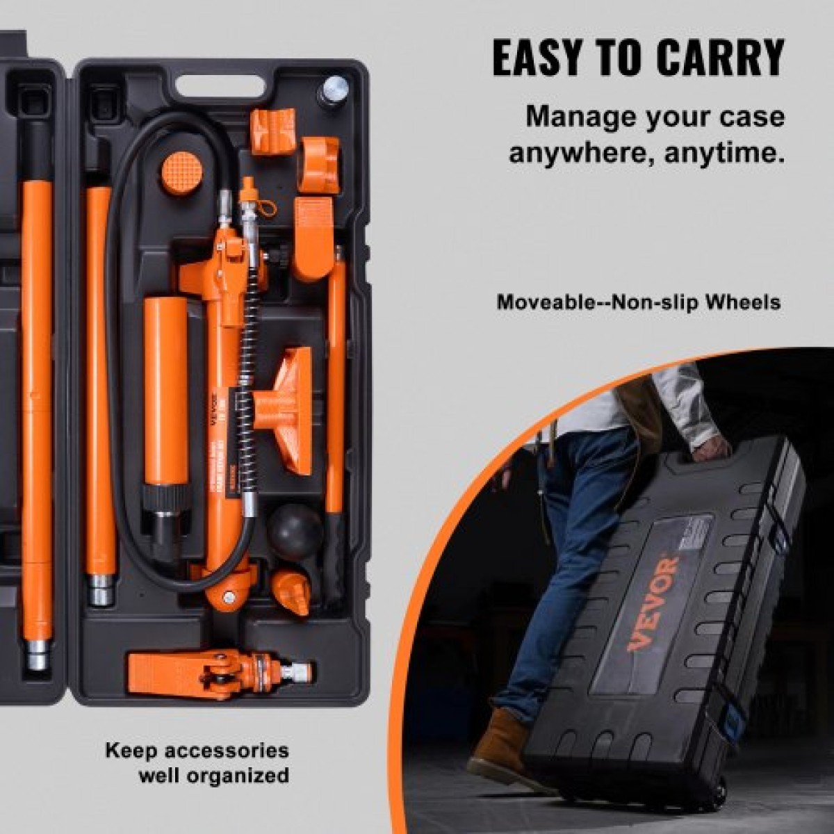 VEVOR 10 Ton Porta Power Kit, Υδραυλικό Ram με Αντλία, Jack Jack με λάστιχο λαδιού 4,6 ft/1,4 m, Εργαλείο επισκευής λυγισμένου πλαισίου με θήκη αποθήκευσης για αυτοκίνητα, γκαράζ, βαρύ εξοπλισμό, μηχανικό (22046 LBS)
