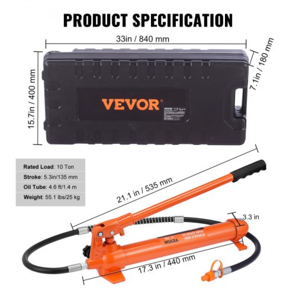 VEVOR 10 Ton Porta Power Kit, Υδραυλικό Ram με Αντλία, Jack Jack με λάστιχο λαδιού 4,6 ft/1,4 m, Εργαλείο επισκευής λυγισμένου πλαισίου με θήκη αποθήκευσης για αυτοκίνητα, γκαράζ, βαρύ εξοπλισμό, μηχανικό (22046 LBS)
