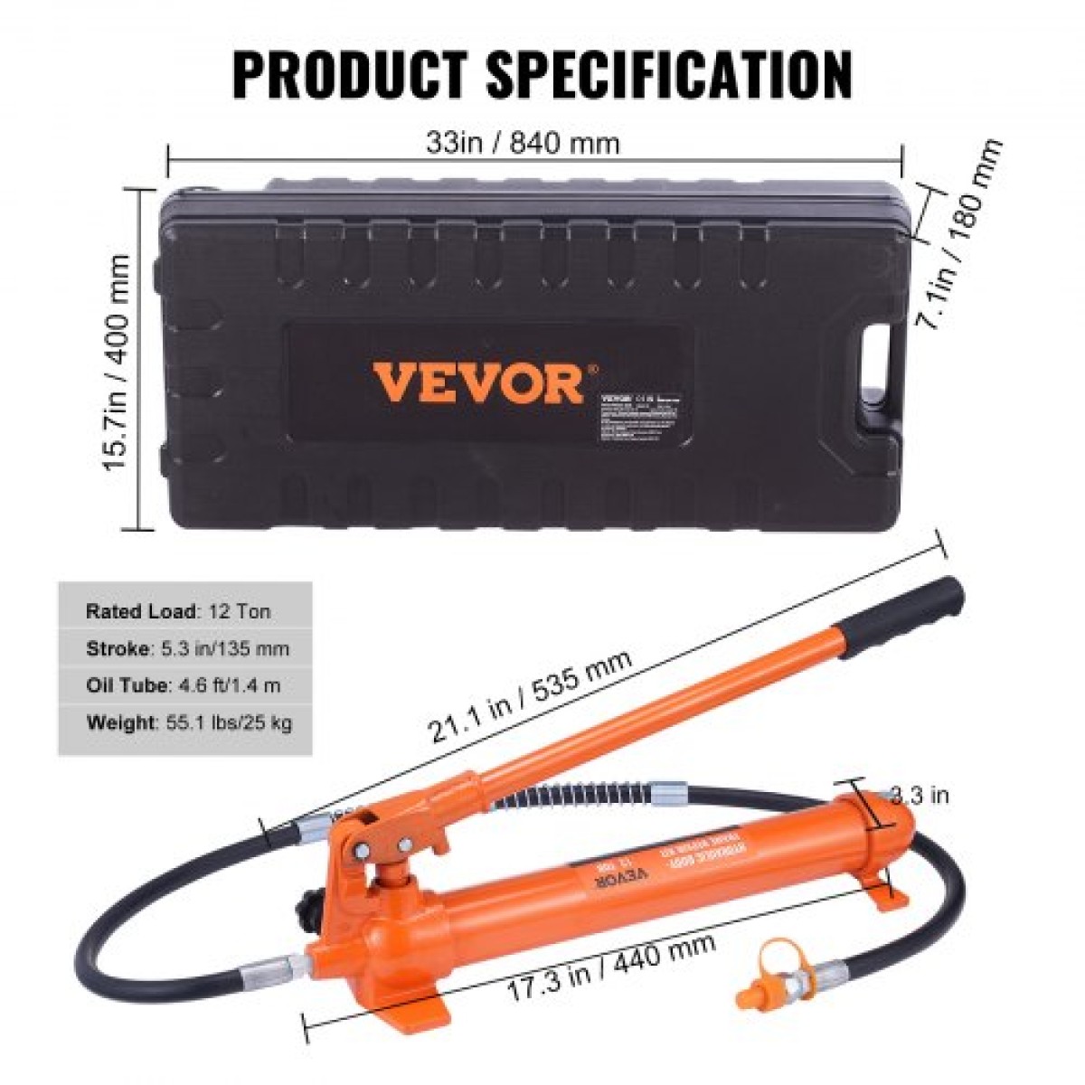 VEVOR 12 Ton Porta Power Kit, Υδραυλικό Ram με αντλία με λάστιχο λαδιού 4,6 ft/1,4 m, Φορητό υδραυλικό γρύλο με θήκη αποθήκευσης για αυτοκίνητα, γκαράζ, αγρόκτημα, μηχανικό (26455 LBS)